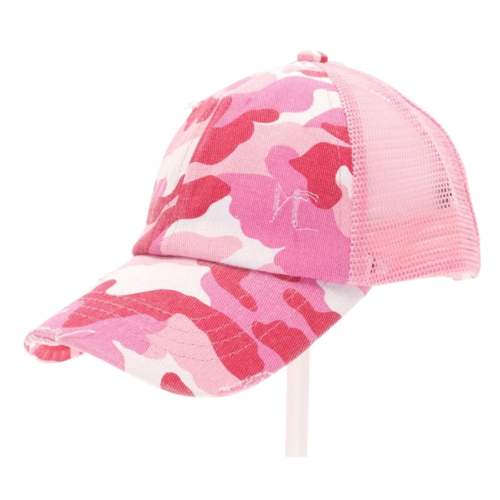 KIDS DISTRESSED CAMOUFLAGE CRISS-CROSS HIGH PONYTAIL CC BALL CAP