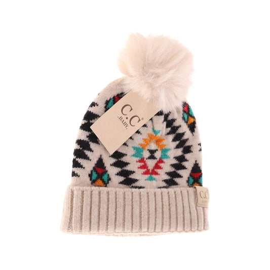 Baby Aztec Patterned Faux Fur Pom Beanie