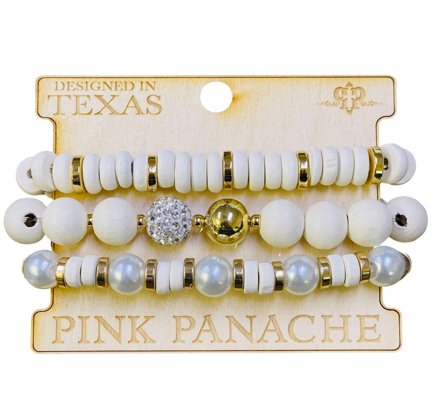 Pink Panache - 1CNC A298 * 3-strand white wood round and disc bead bracelet with pave beads