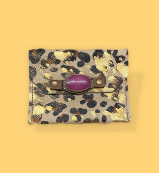 Leather Leopard/Gold Wallet W/purple Stone