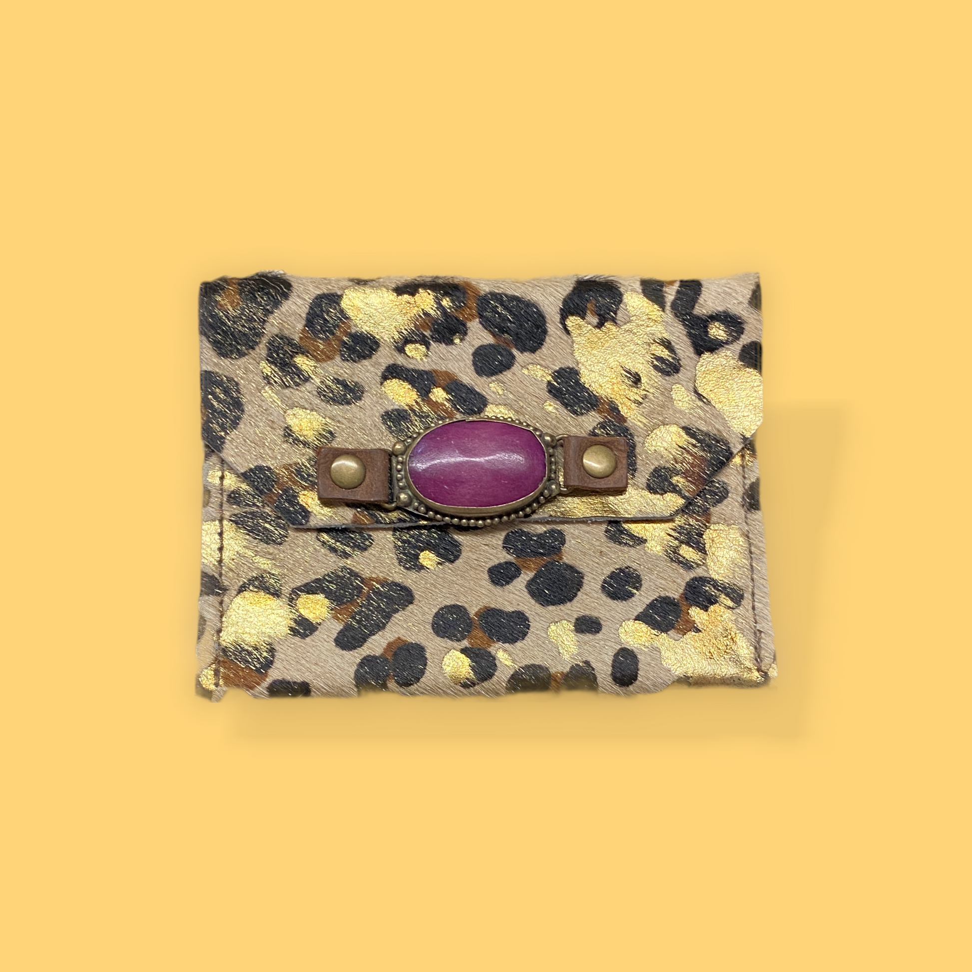 Leather Leopard/Gold Wallet W/purple Stone