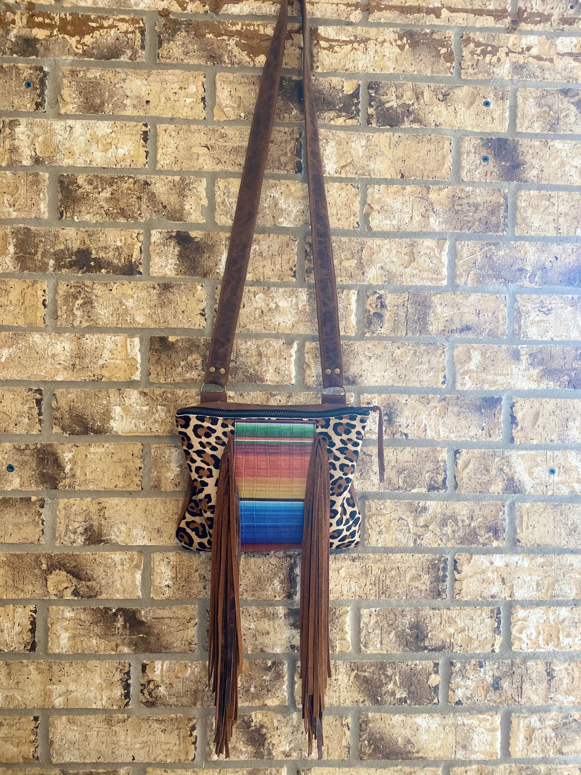 Serape Leopard Leather Fringe Bag