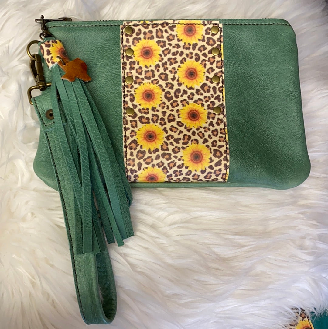 Teal wristlet with sunflowers