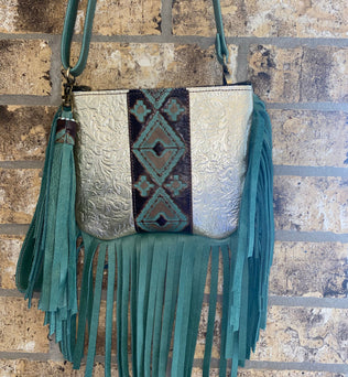 Platinum Turquoise Fringe Leather Bag