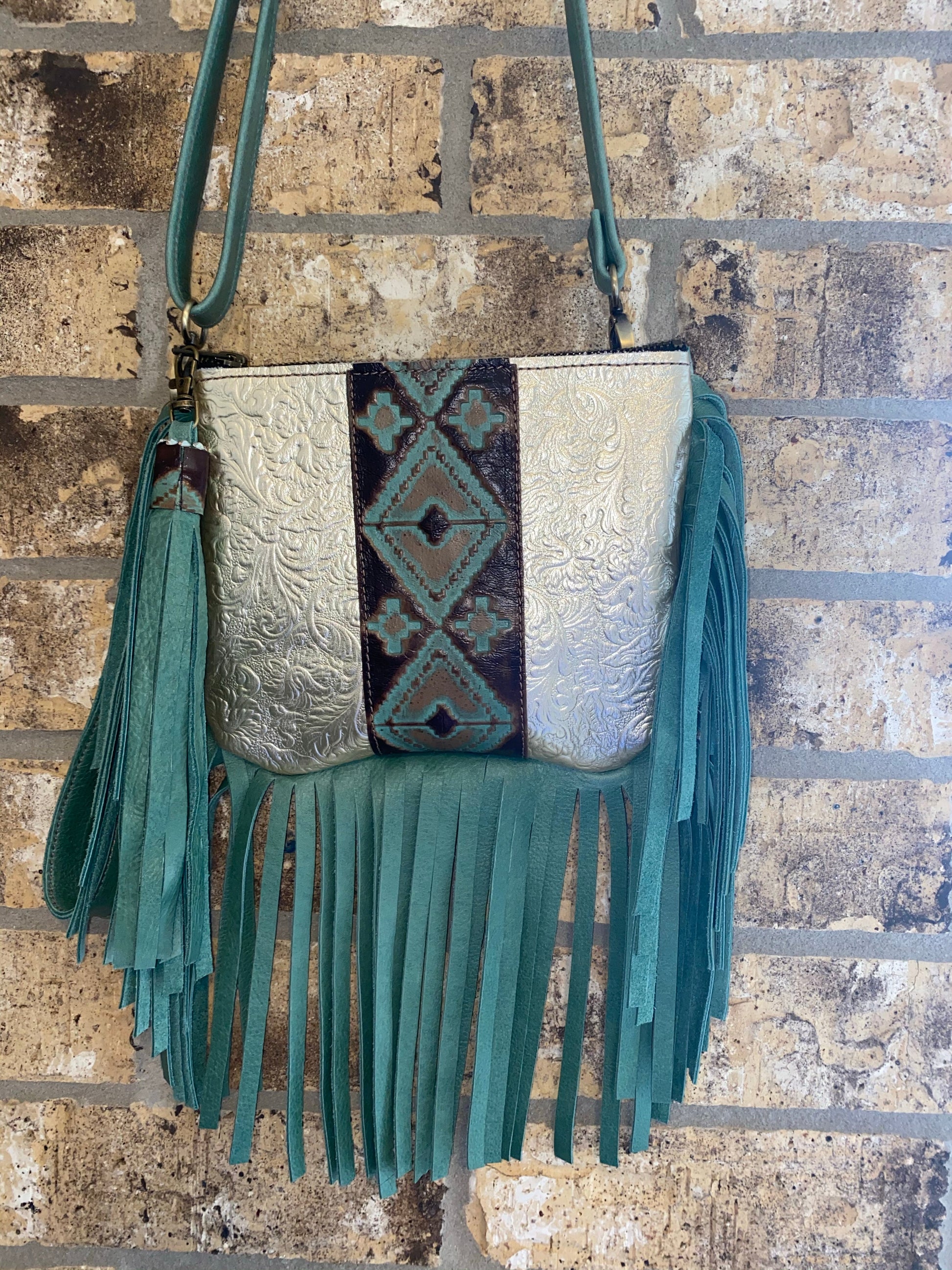 Platinum Turquoise Fringe Leather Bag