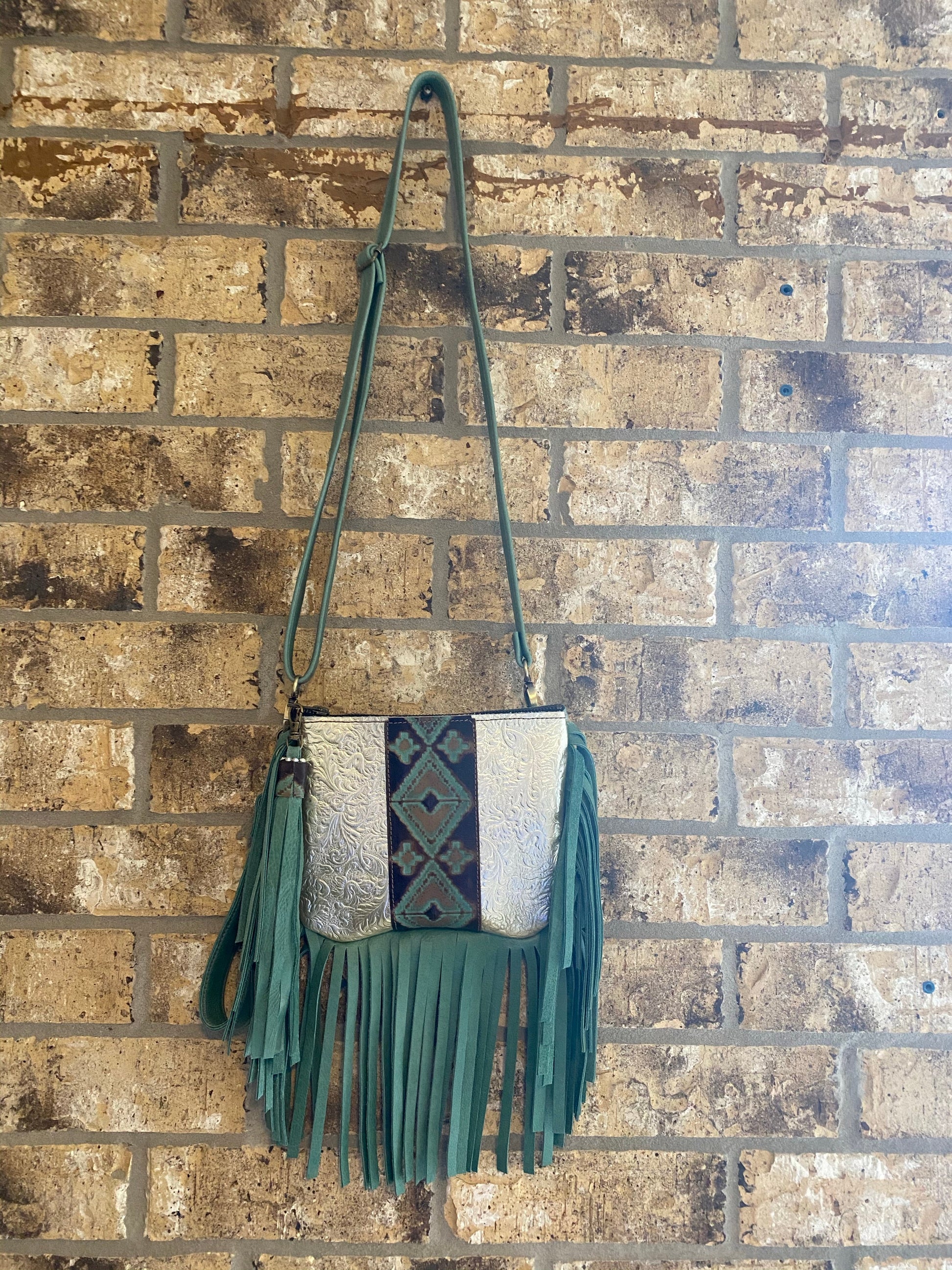 Platinum Turquoise Fringe Leather Bag