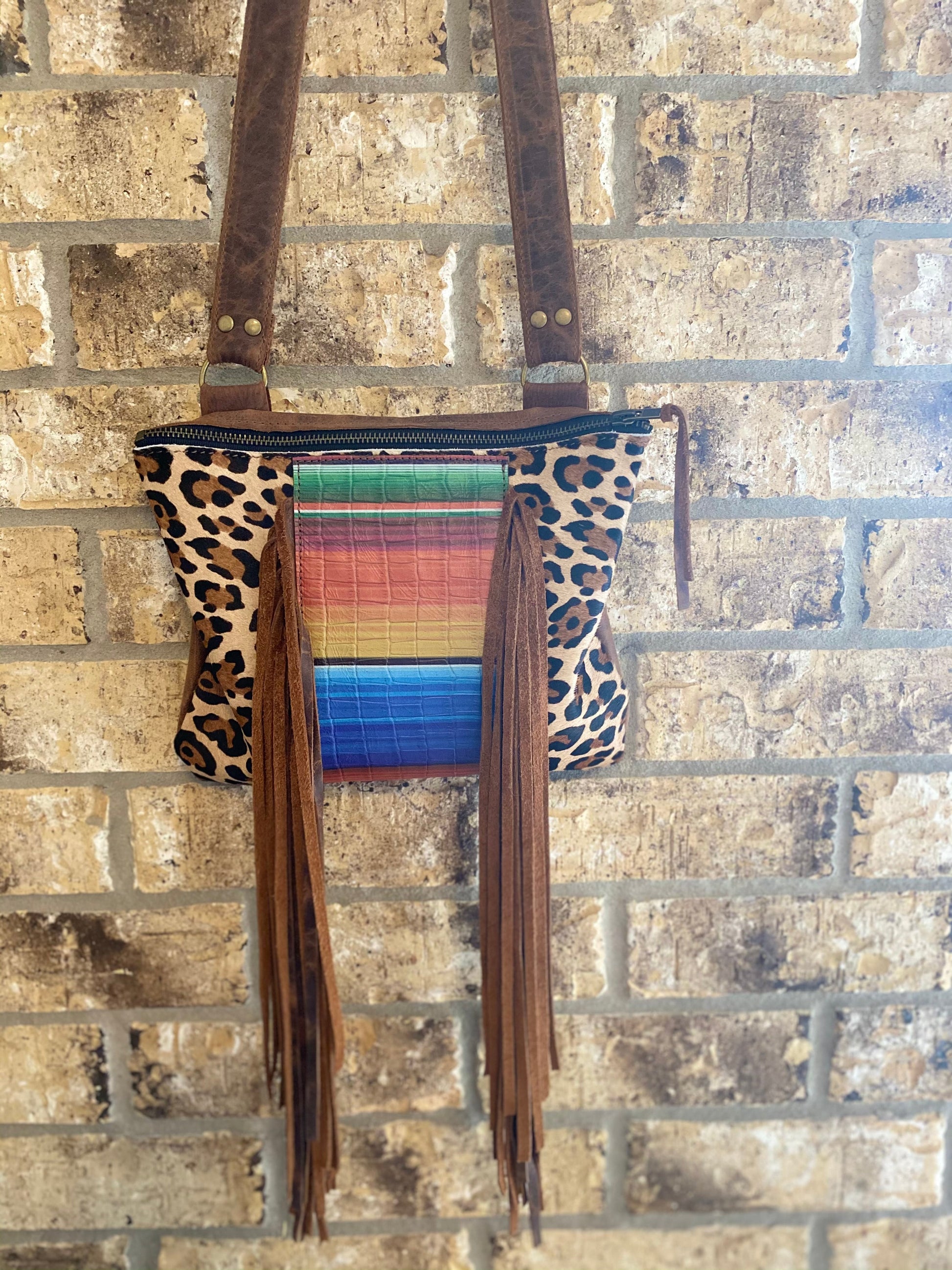 Serape Leopard Leather Fringe Bag