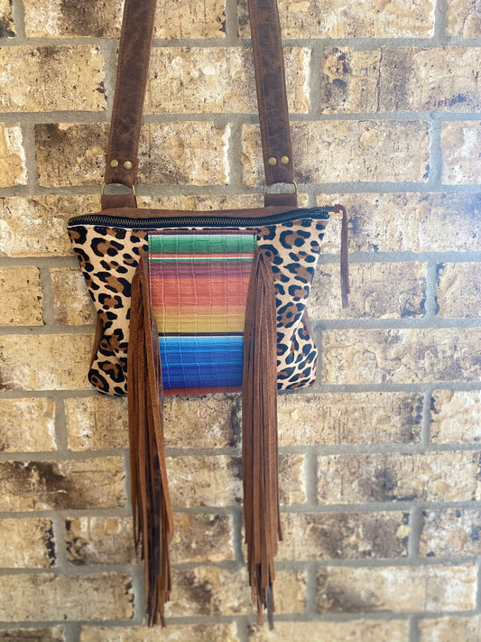 Serape Leopard Leather Fringe Bag